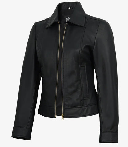 Women's Black Lambskin Harrington Jacket — Gold Hardware & Accents