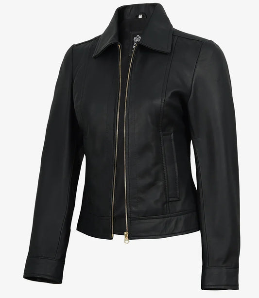 Women's Black Lambskin Harrington Jacket — Gold Hardware & Accents