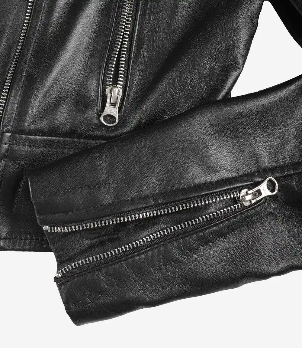 Black Asymmetrical Cropped Leather Jacket for Women