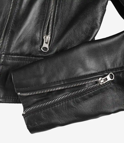 Black Asymmetrical Cropped Leather Jacket for Women