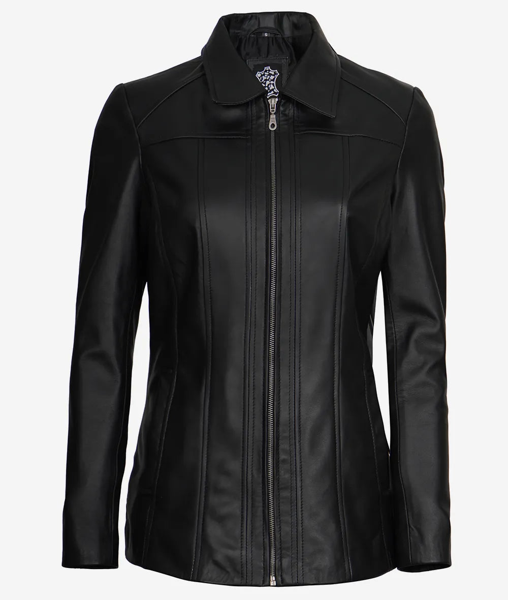 Marsha Womens Black Leather Car Coat