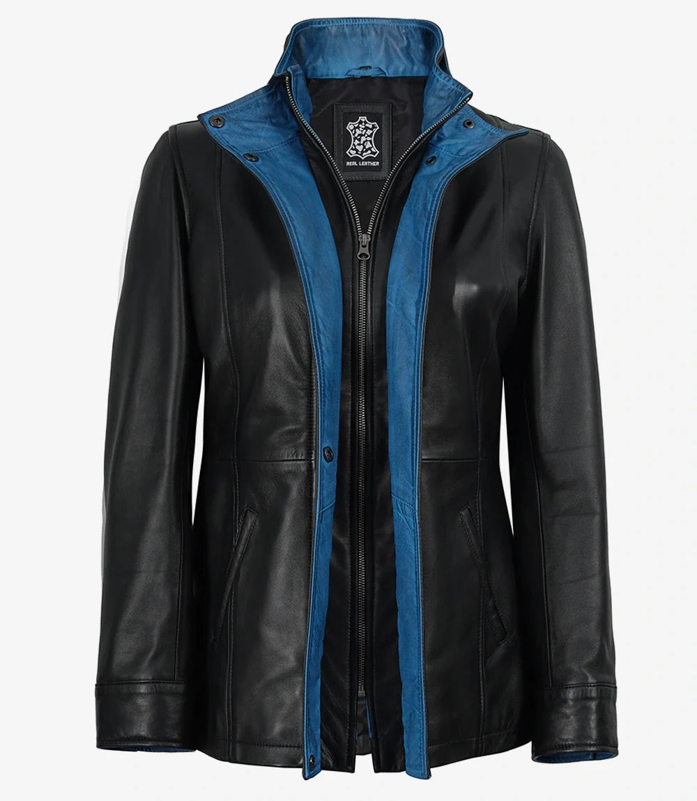 Erin Women's Black Leather Jacket with Blue Inner Lapel