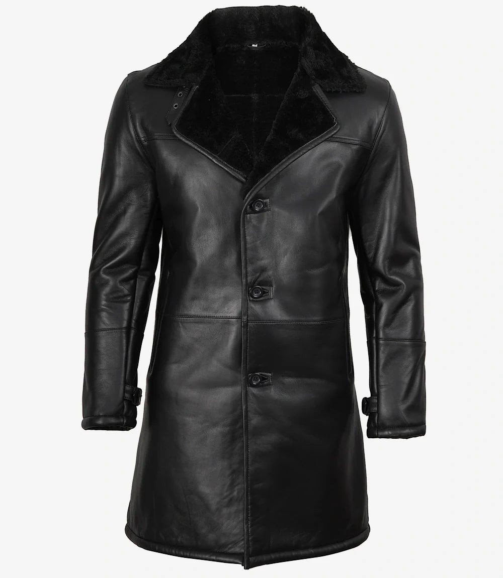 Men's Black 3/4 Length Shearling Leather Coat
