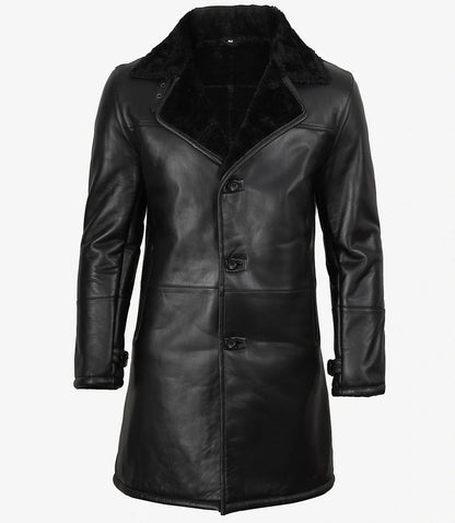 Men's Black 3/4 Length Shearling Leather Coat