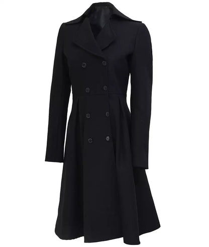 Carol Womens Black Double Breasted Wool Trench Coat