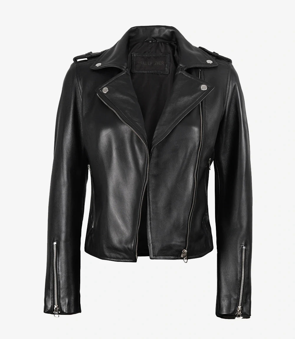 Women's Black Asymmetrical Biker Style Leather Jacket