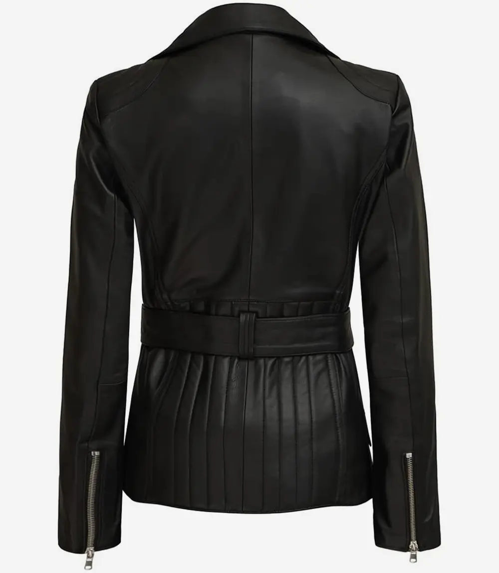 Women's Black Belted Long Biker-Style Leather Jacket