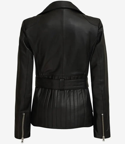 Women's Black Belted Long Biker-Style Leather Jacket