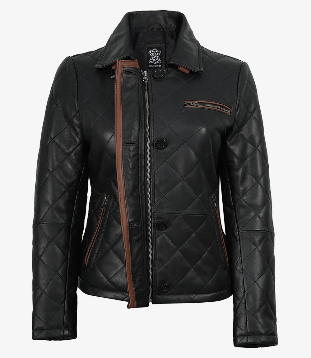 Women's Black Diamond Quilted Leather Jacket with Brown Trim