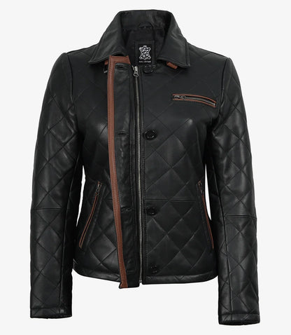 Women's Black Diamond Quilted Leather Jacket with Brown Trim