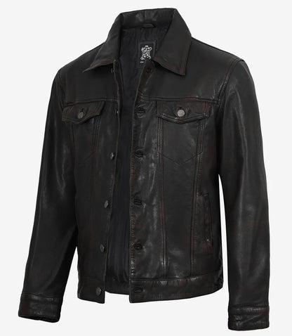 Men's Maroon Distressed Black-Washed Lambskin Trucker Jacket