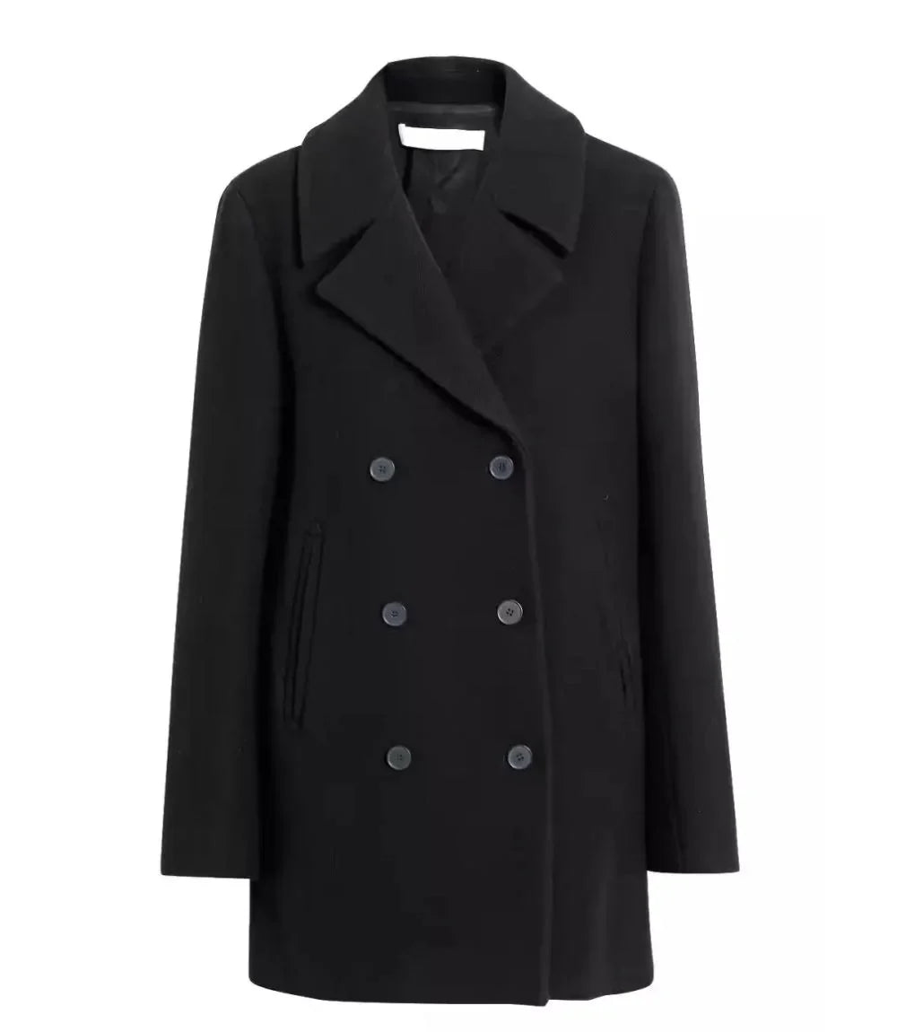 Shalon Womens 3/4 Length Black Double Breasted Wool Coat