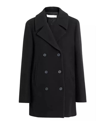 Shalon Womens 3/4 Length Black Double Breasted Wool Coat