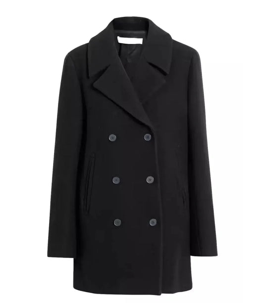 Shalon Womens 3/4 Length Black Double Breasted Wool Coat