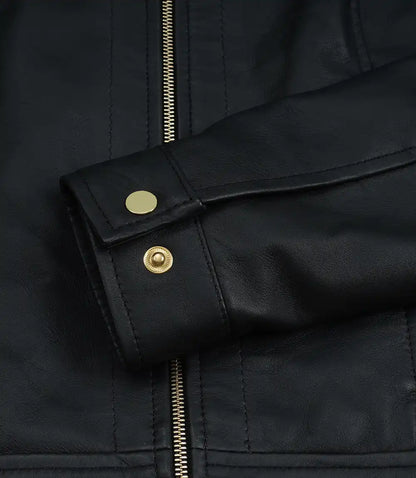 Jose Women's Black Harrington Leather Jacket with Golden Details
