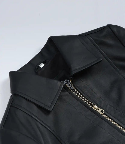 Jose Women's Black Harrington Leather Jacket with Golden Details
