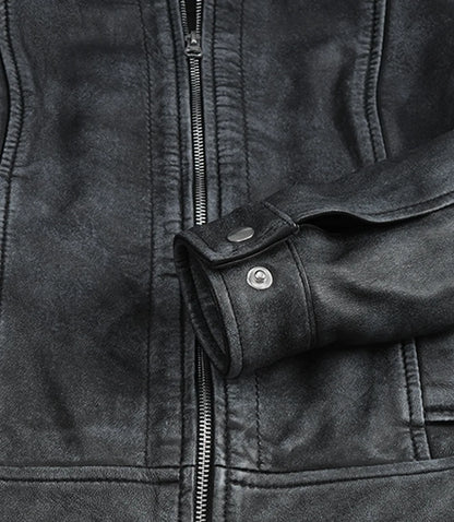 Jose Womens Black Shirt Collar Harrington Washed Leather Jacket
