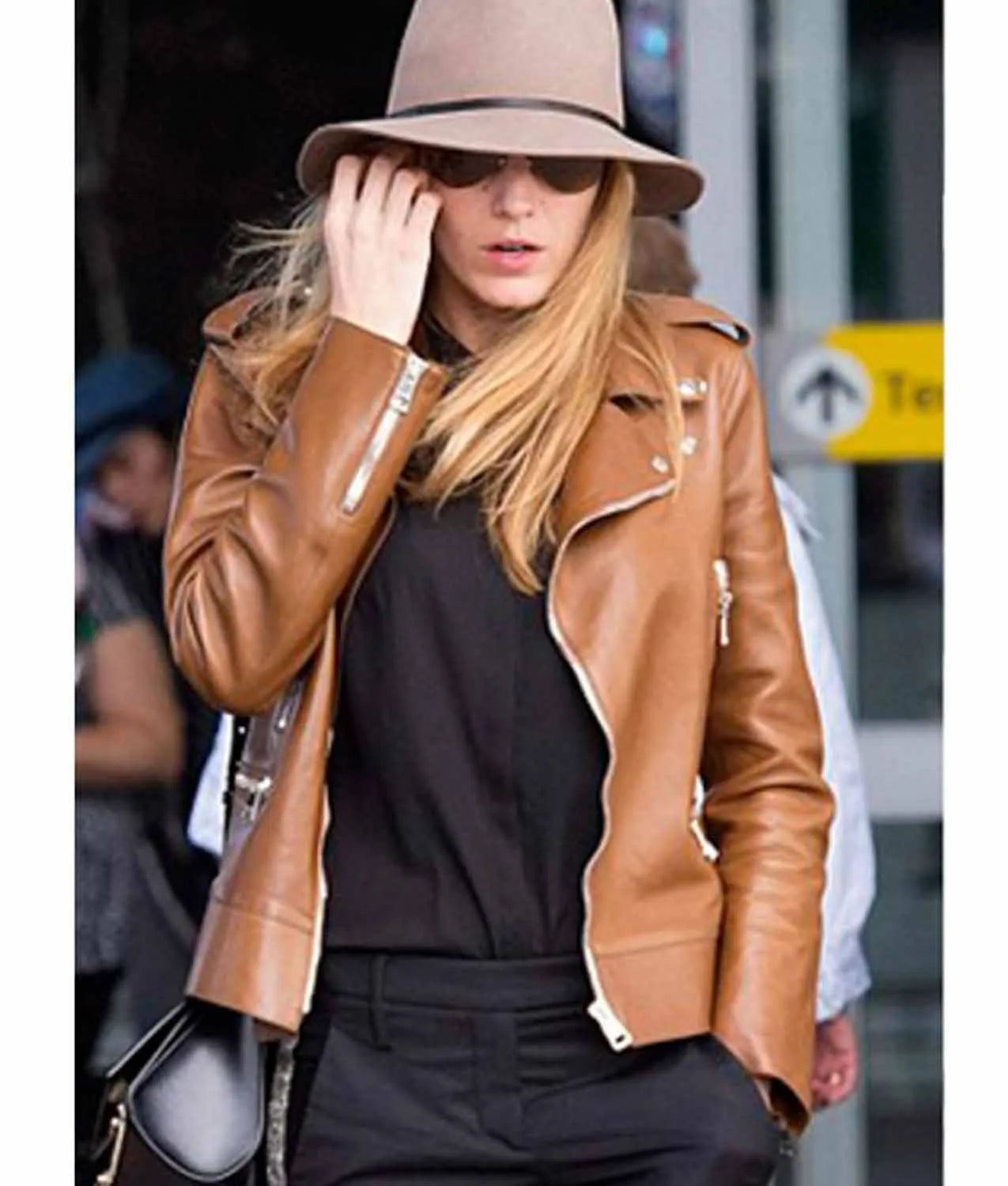 Blake Lively Brown Leather Biker Jacket Max Jackets