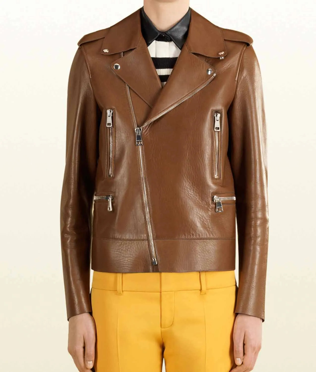 Blake Lively Brown Leather Biker Jacket Max Jackets