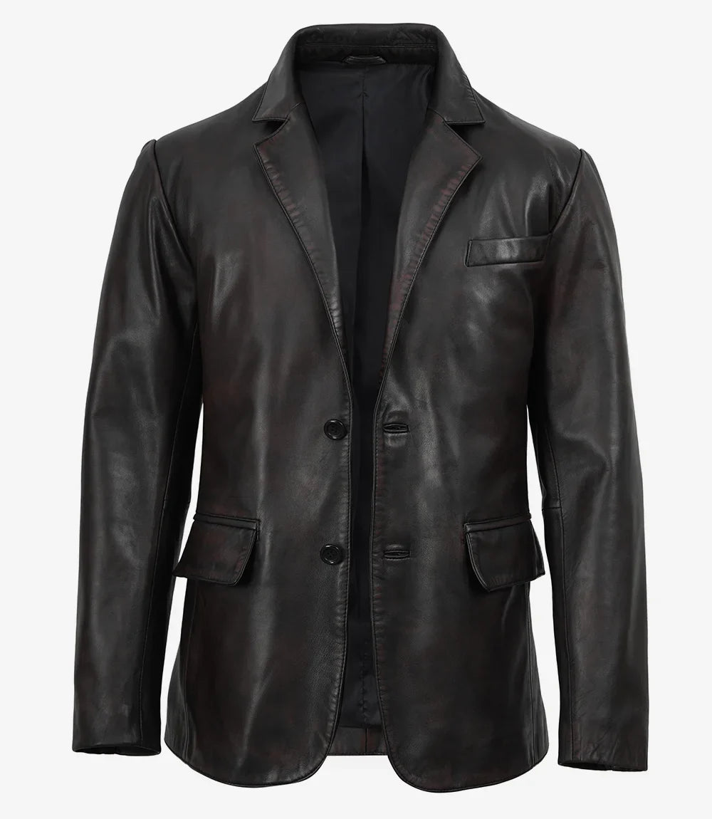 Men's Black Leather Blazer, Maroon Distressed Lambskin