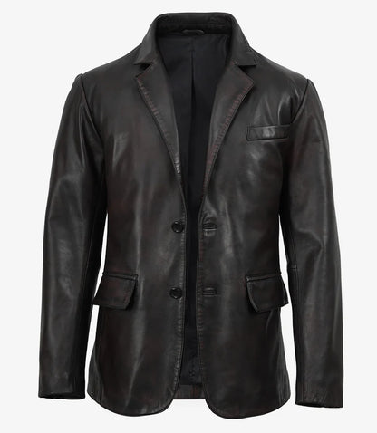 Men's Black Leather Blazer, Maroon Distressed Lambskin