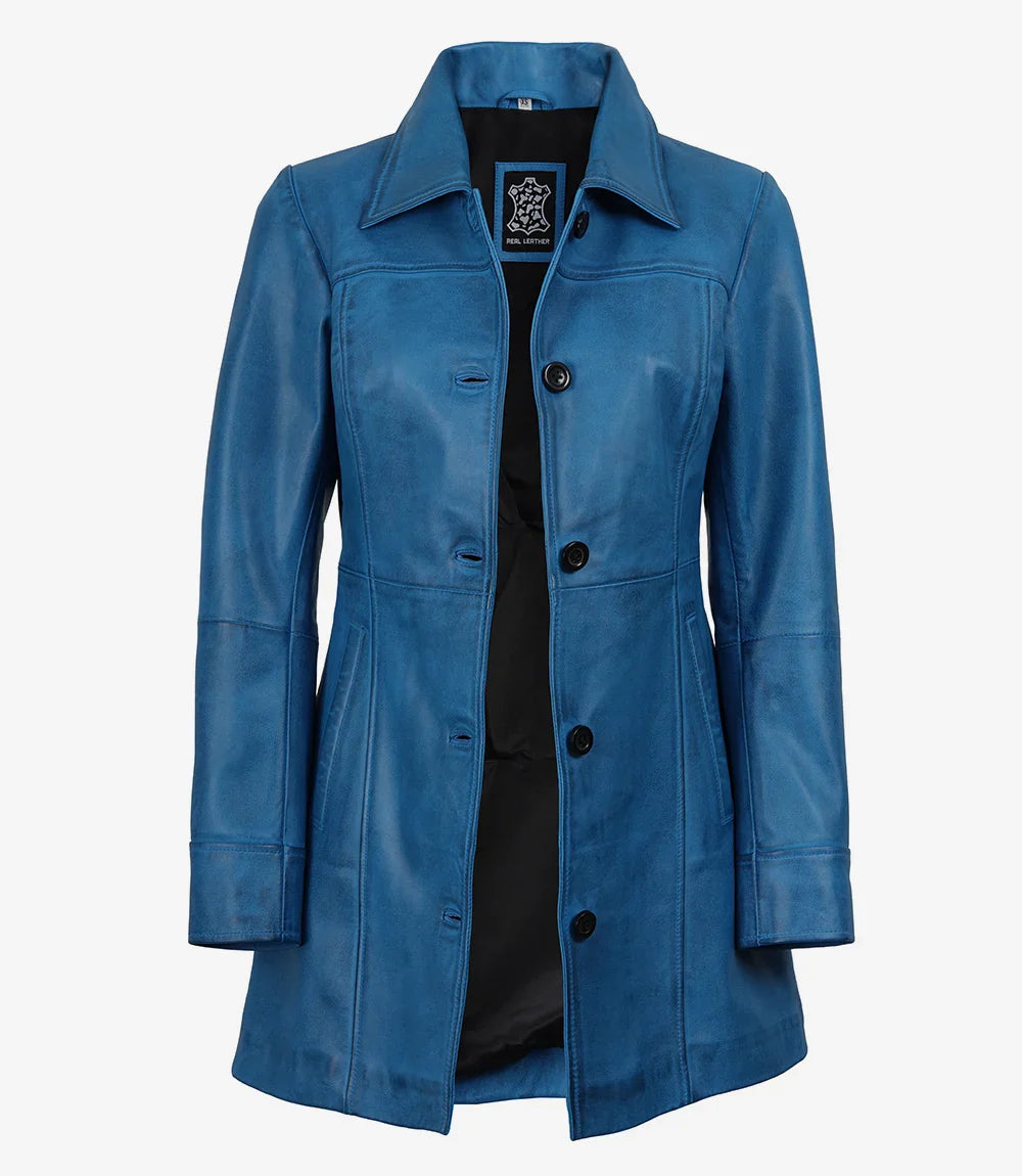 Womens Blue 3/4 Length Button Down Leather Coat