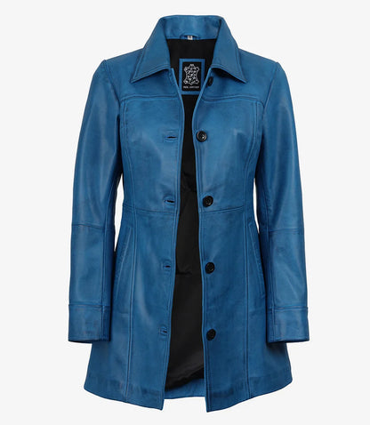 Womens Blue 3/4 Length Button Down Leather Coat