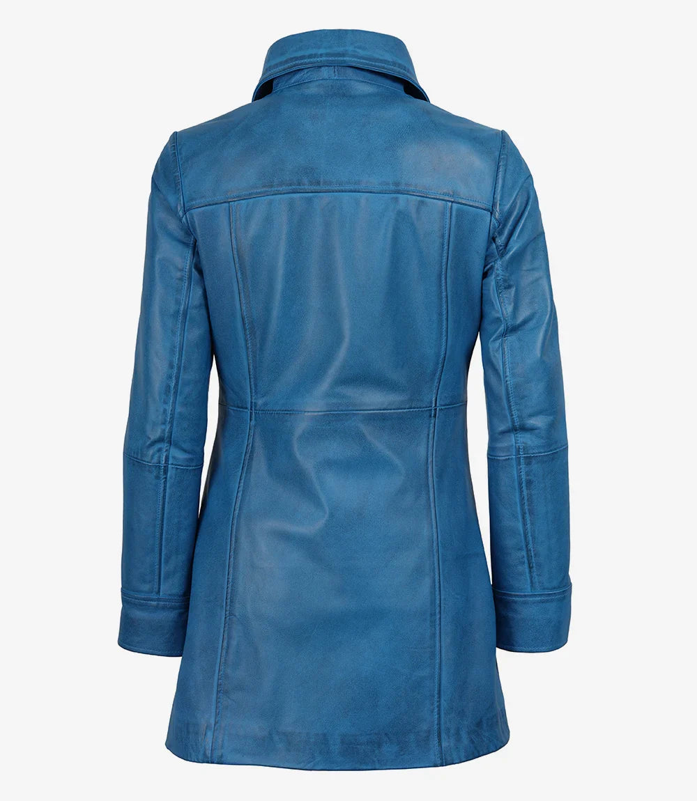 Womens Blue 3/4 Length Button Down Leather Coat