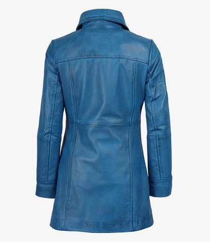 Womens Blue 3/4 Length Button Down Leather Coat