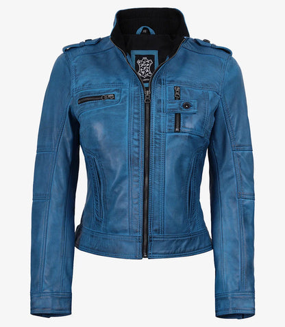 Women's Blue Waxed Lambskin Leather Biker Style Jacket