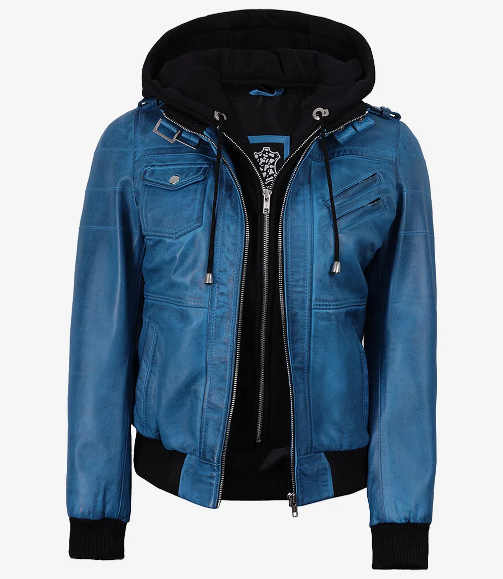 Women's Real Leather Blue Waxed Bomber Jacket with Removable Hood