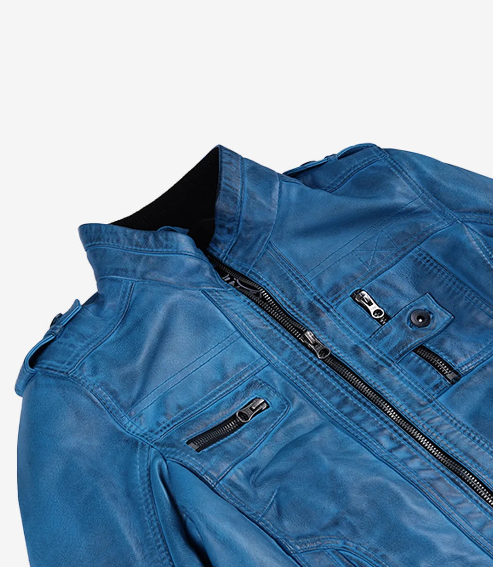 Women's Blue Waxed Lambskin Leather Biker Style Jacket