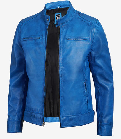 Dodge Men's  Distressed Blue Leather Cafe Racer Jacket