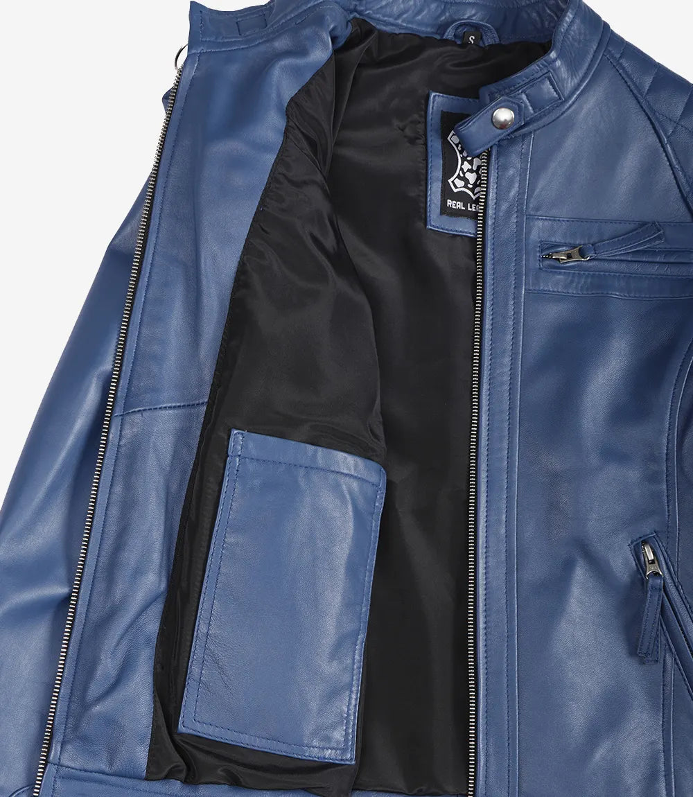 Women's Real Lambskin Leather Blue Quilted Biker Style Jacket