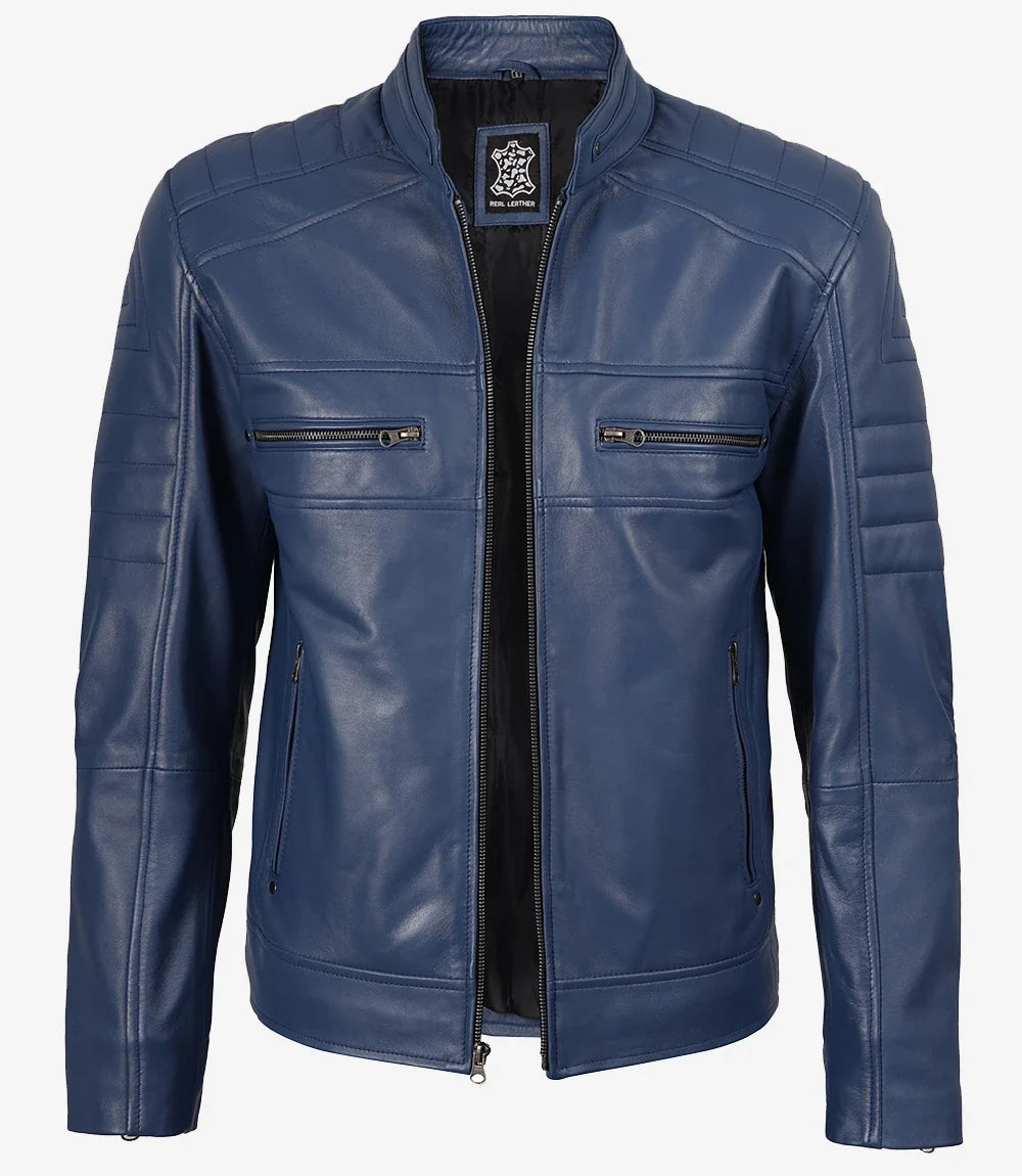 Men Cafe Racer Blue Real Leather Jacket