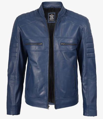 Men Cafe Racer Blue Real Leather Jacket