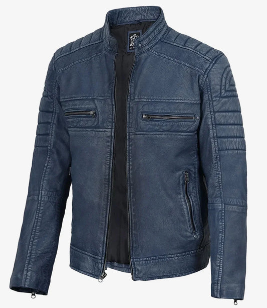 Men's Washed Blue Cafe Racer Style Leather Jacket