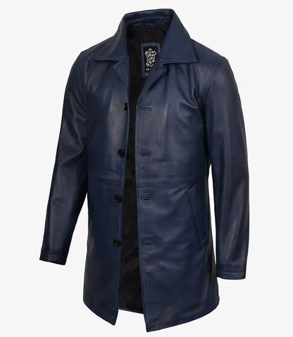 Men's Blue Lambskin 3/4 Length Car Coat