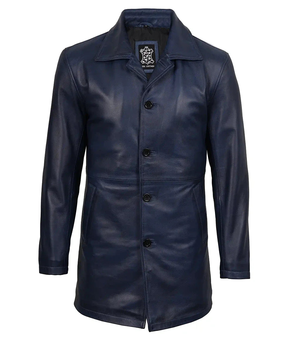 Mens 3/4 Length Blue Waxed Leather Car Coat
