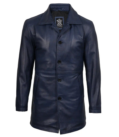 Mens 3/4 Length Blue Waxed Leather Car Coat