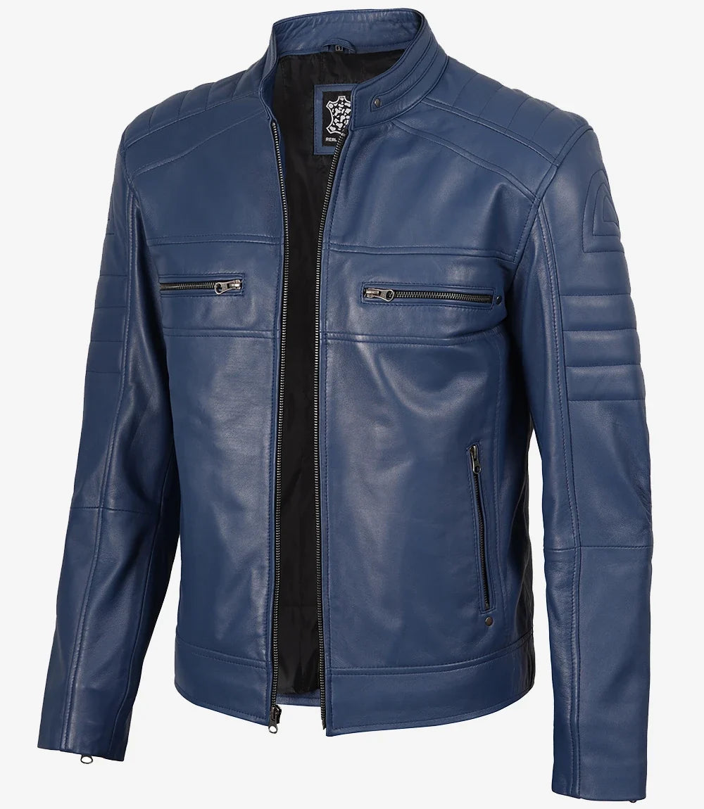 Men Cafe Racer Blue Real Leather Jacket
