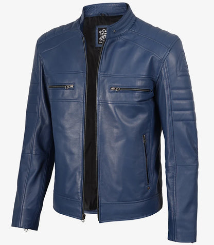 Men Cafe Racer Blue Real Leather Jacket