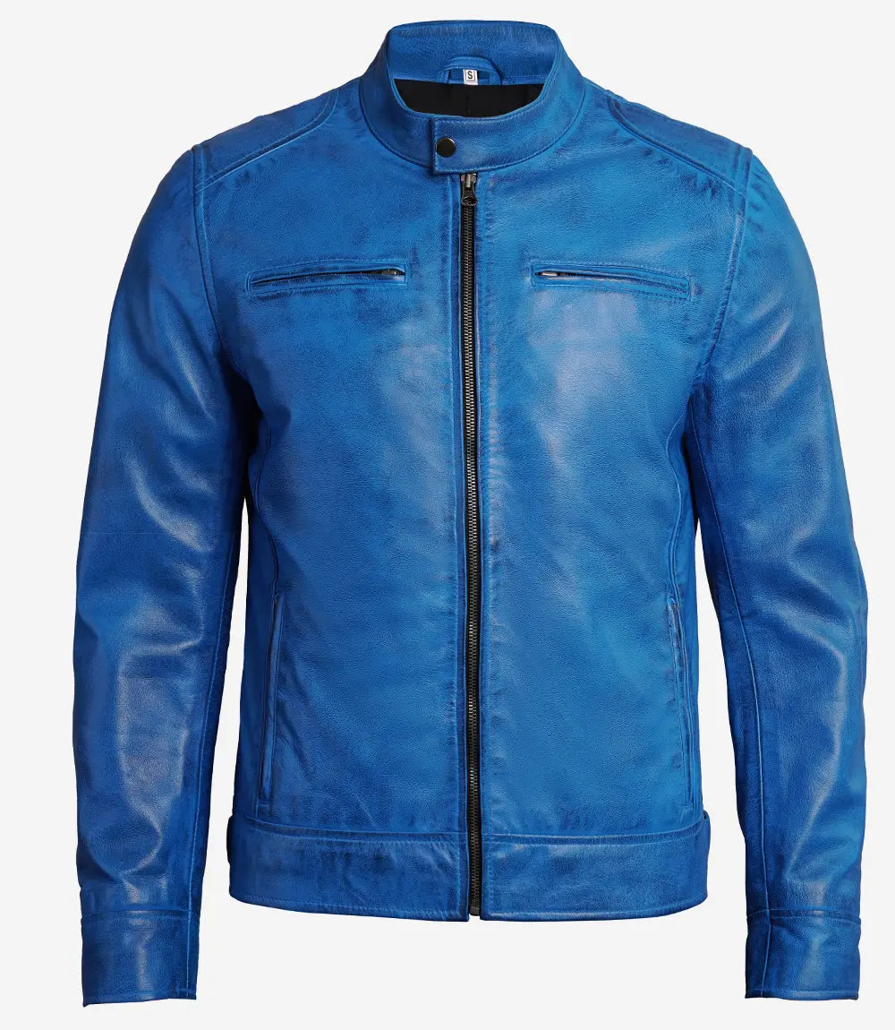 Dodge Men's  Distressed Blue Leather Cafe Racer Jacket