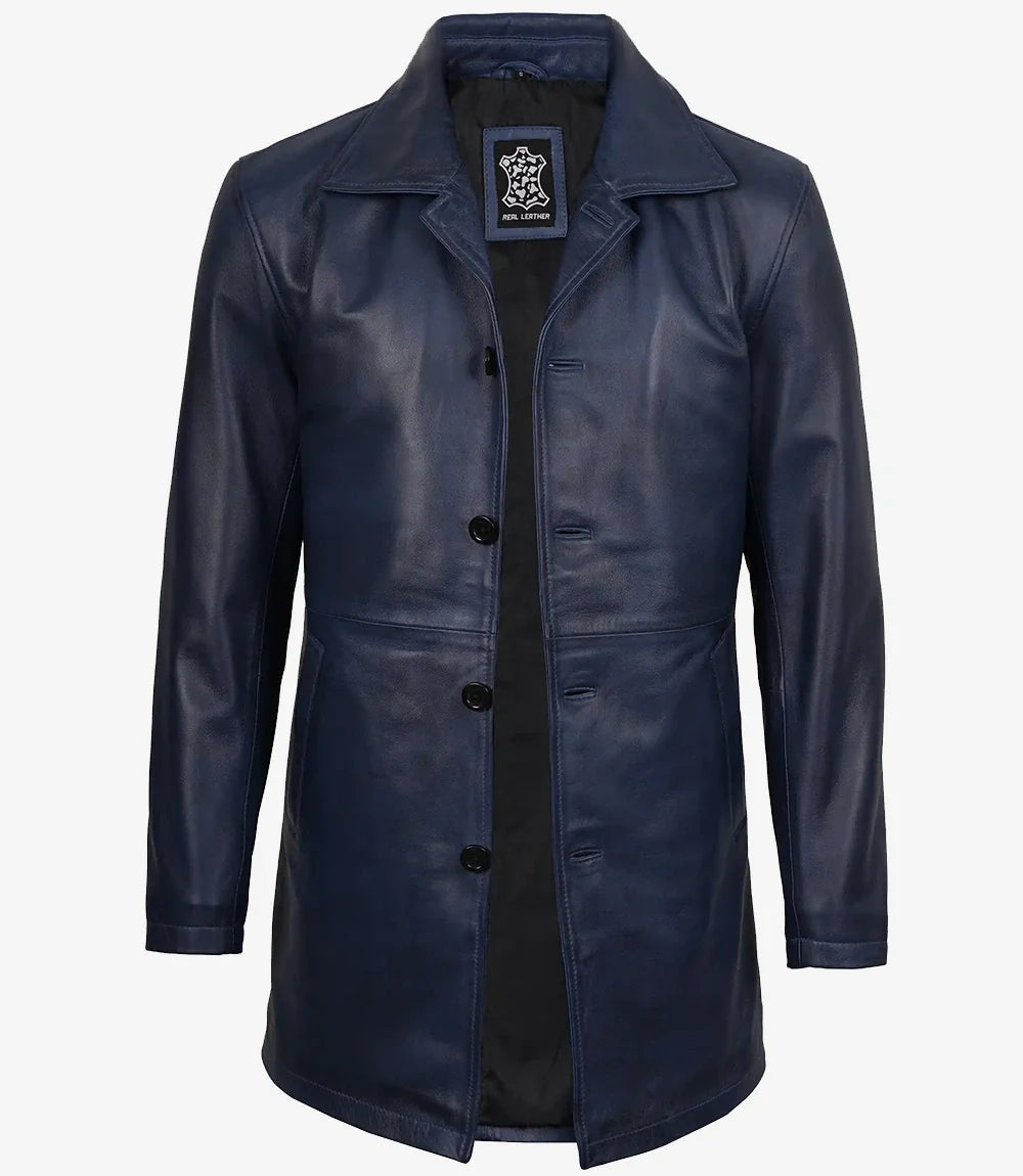 Men's Blue Lambskin 3/4 Length Car Coat