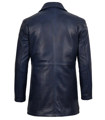 Mens 3/4 Length Blue Waxed Leather Car Coat