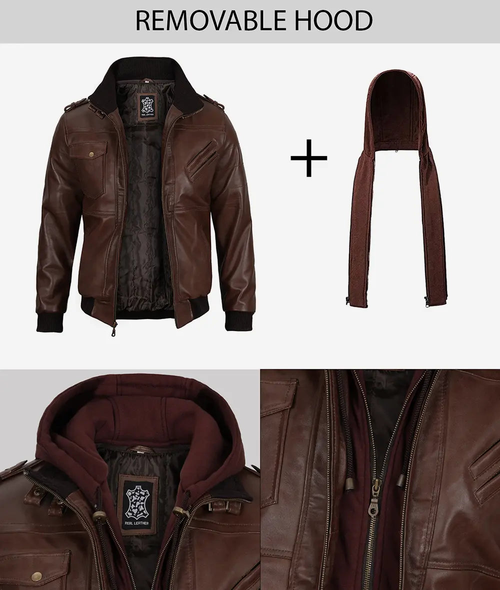 Men's Dark Brown Bomber Leather Jacket with Removable Hood
