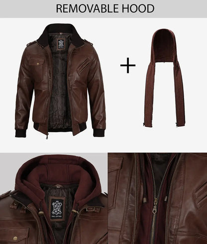 Men's Dark Brown Bomber Leather Jacket with Removable Hood