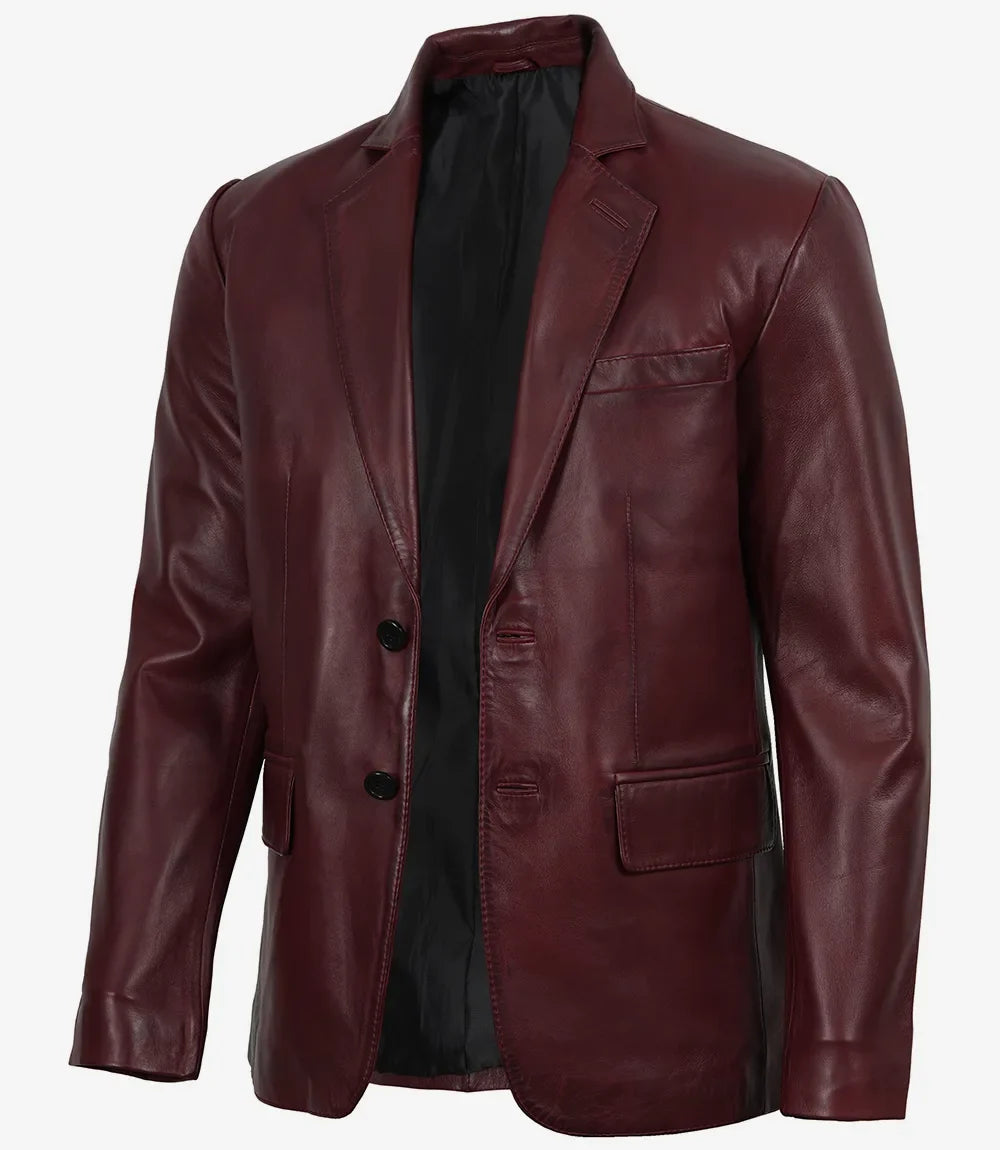 Men's Burgundy Wax Lambskin Leather Blazer