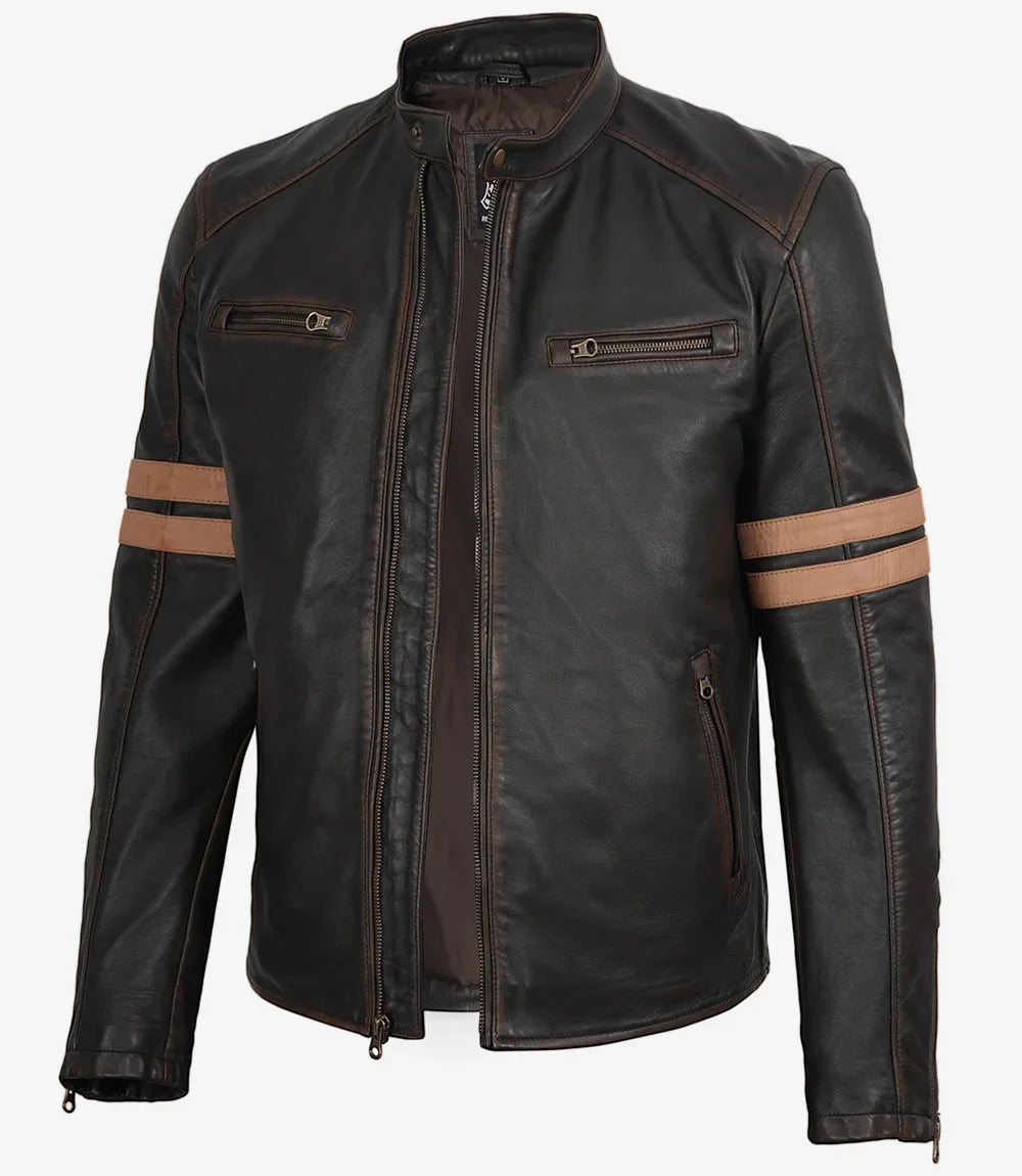 Men’s Vintage Brown Leather Biker Jacket with Dual Racing Stripes