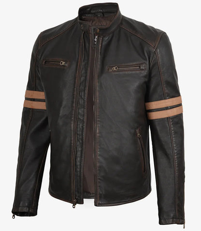 Men’s Vintage Brown Leather Biker Jacket with Dual Racing Stripes